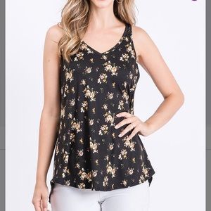 Black & Mocha Ditzy Floral V-Neck Tank, M